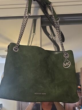 Michael Kors Forest Green Suede Shoulder Bag with Silver Chain.
